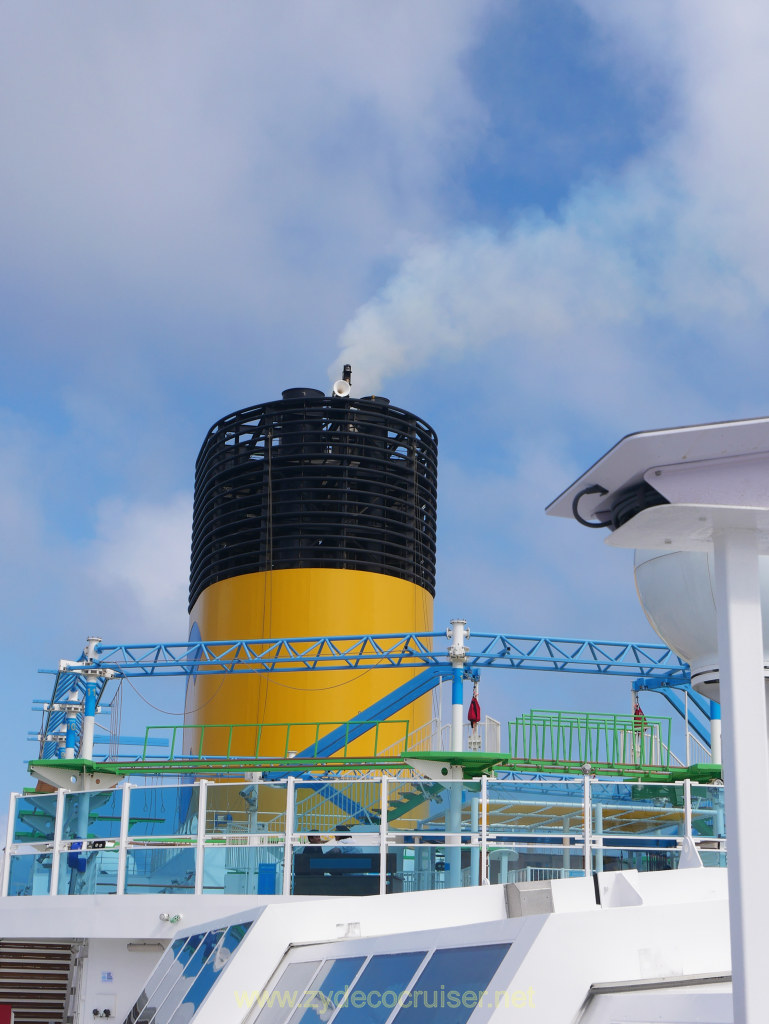 064: Carnival Venezia Transatlantic Cruise, Sea Day 3, Costa Funnel and exposed horn